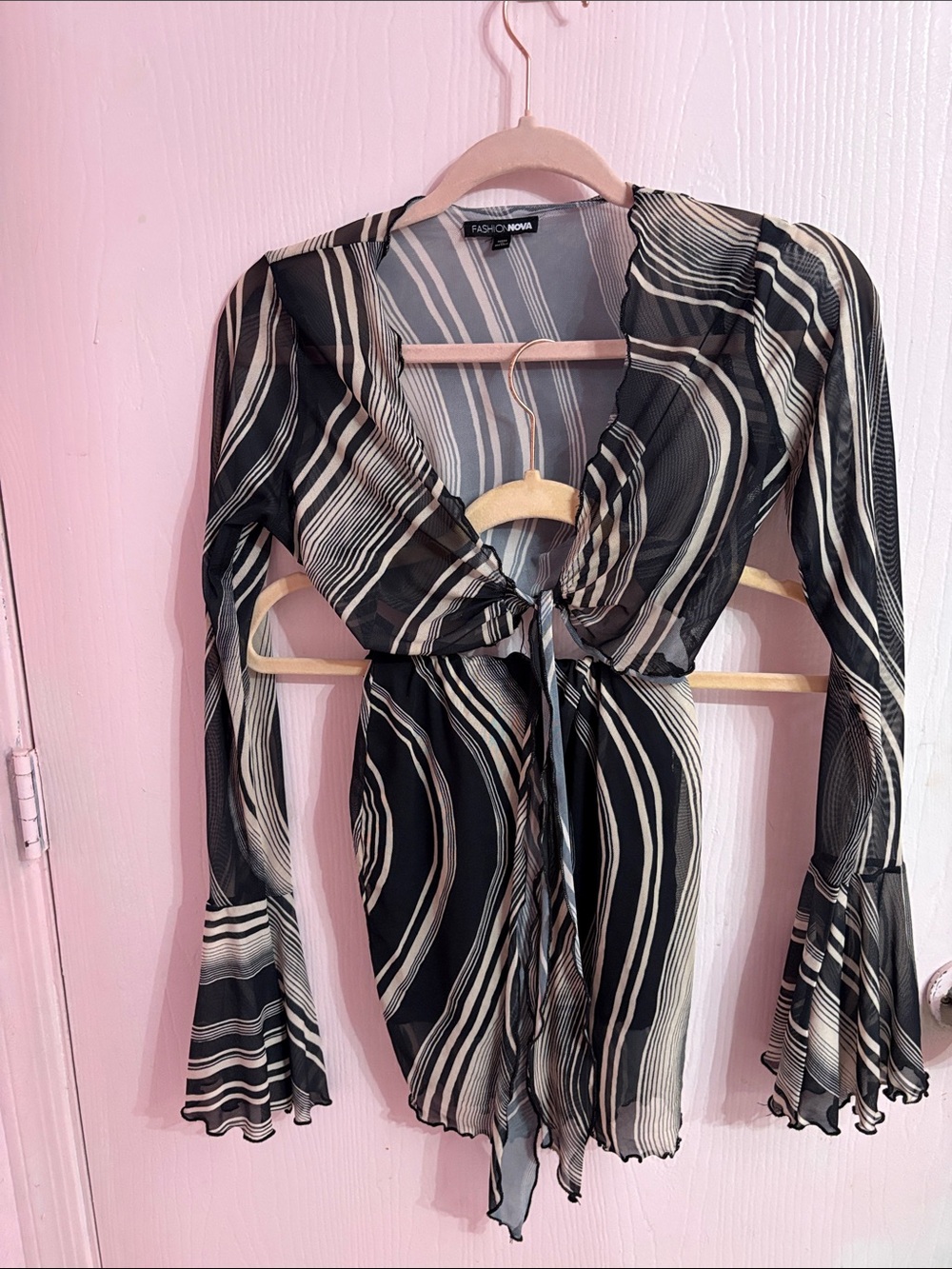 Fashion Nova Black & White Striped Tie-Front Sheer Top